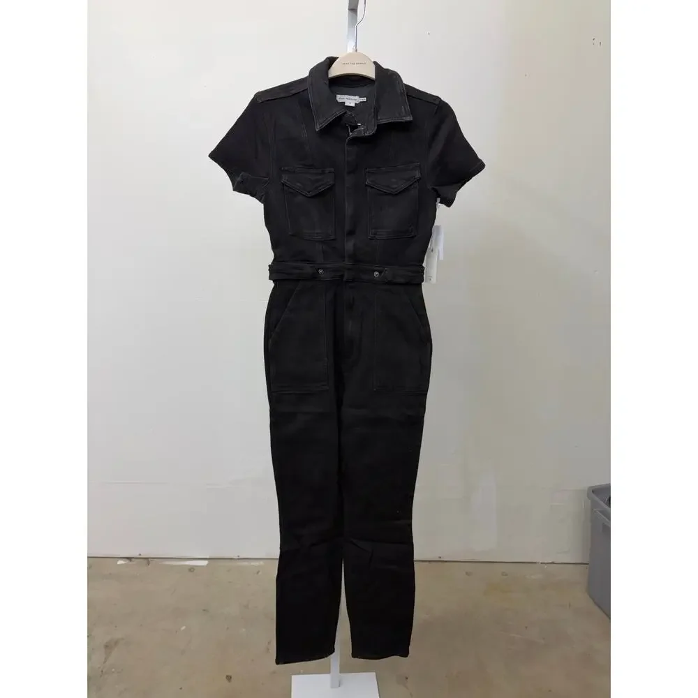 NWT Good American Sz M Fit For Success Black Denim Short Sleeve Utility Jumpsuit - Picture 5 of 6